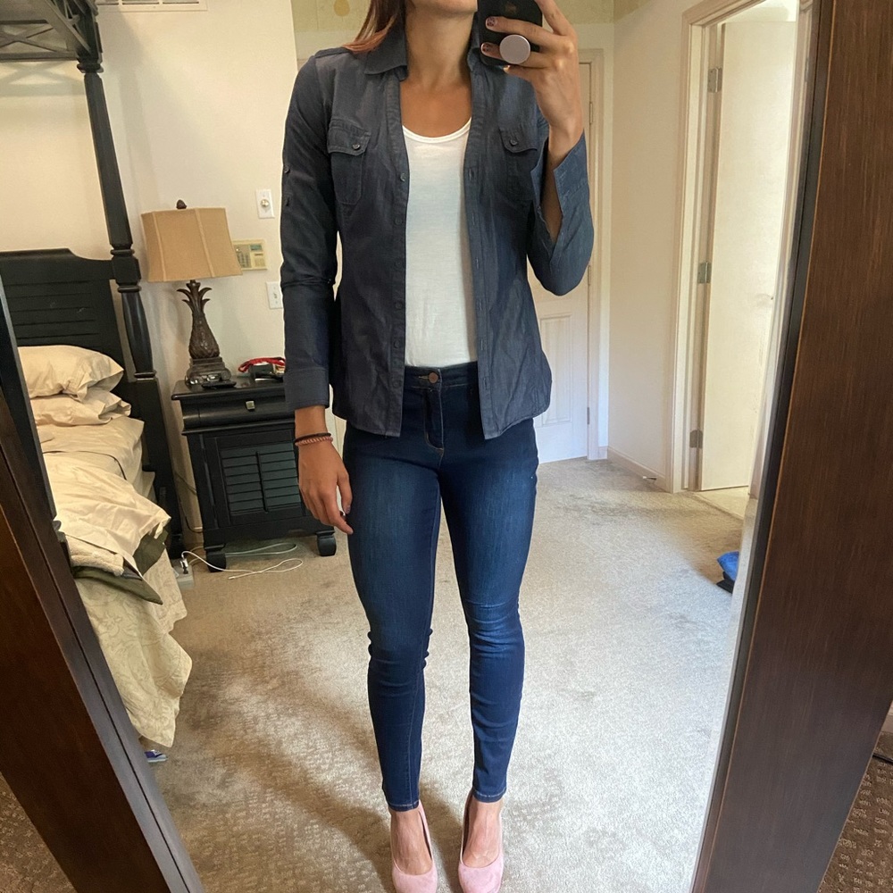 Express Fitted Denim Long Sleeve Blouse